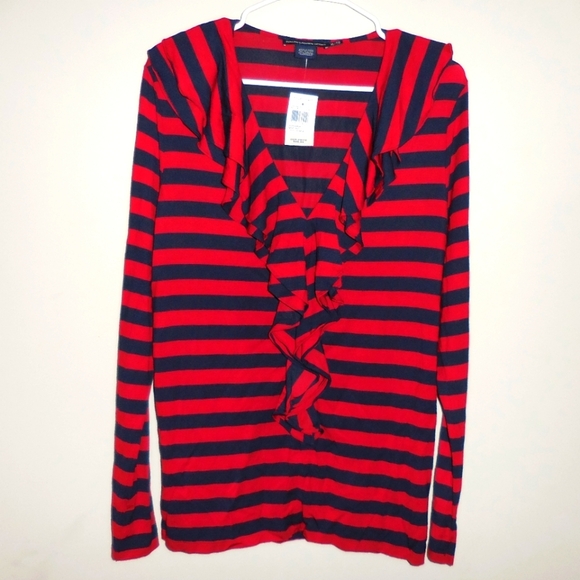 Nwt Ralph Lauren Sport Red/Navy Striped Top Layered Ruffled Neckline Size XL - Picture 1 of 4